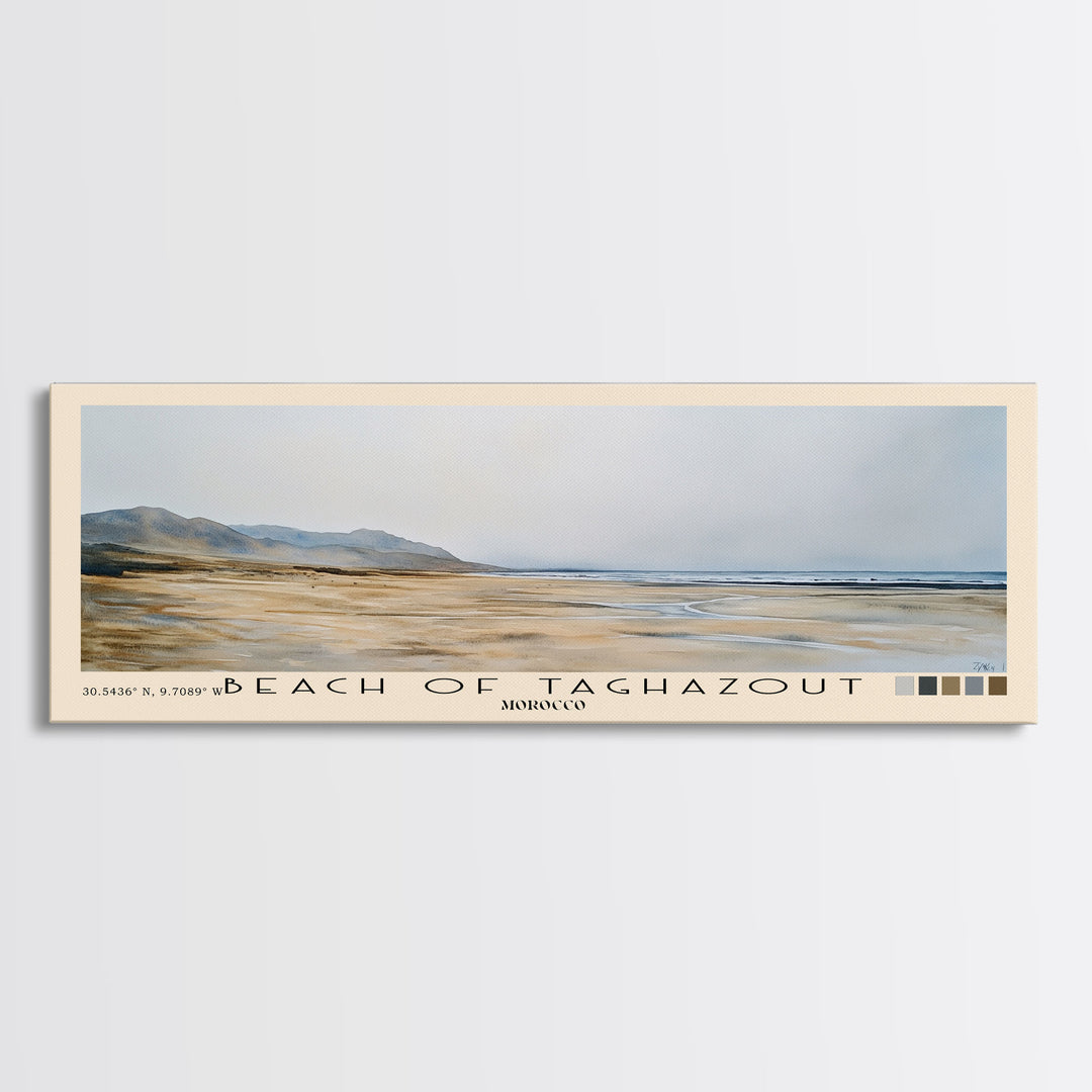 Beach of Taghazout, Morocco Watercolor Beach Print, Vacation Gift, Morocco Wall Art, Framed Canvas Print, Framed Beach Painting