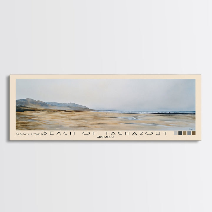 Beach of Taghazout, Morocco Watercolor Beach Print, Vacation Gift, Morocco Wall Art, Framed Canvas Print, Framed Beach Painting