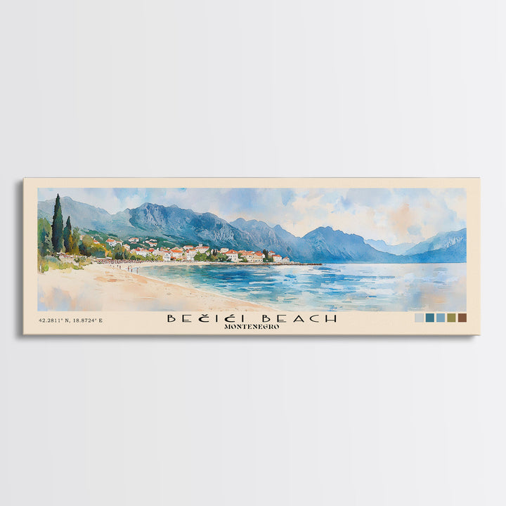 Bečići Beach, Montenegro Watercolor Print, Vacation Gift, Montenegro Wall Art, Beach Painting, Beach Decor, Large Wall Art, Wood Frame Art