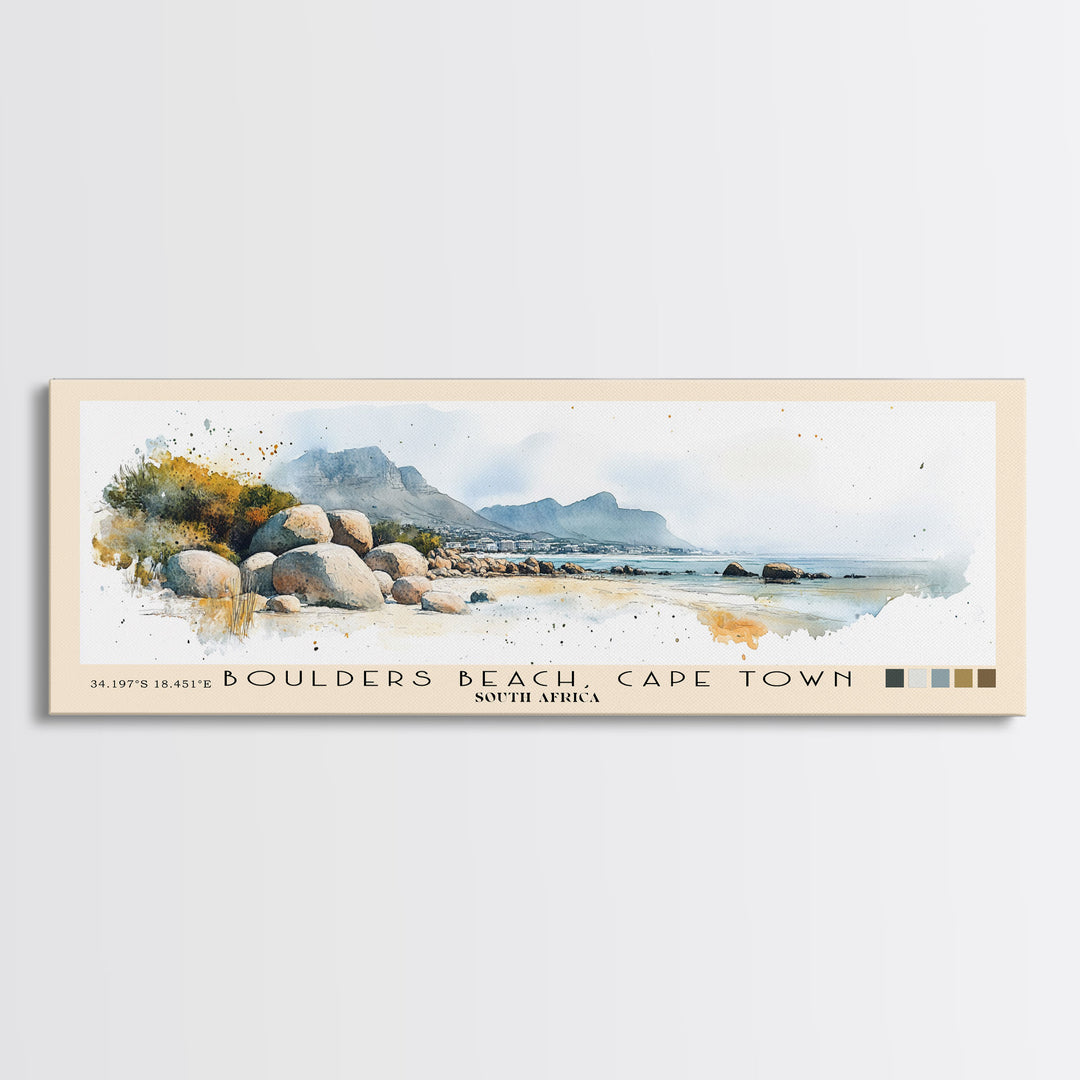 Boulders Beach, Cape Town, South Africa Watercolor Print, Vacation Gift, South Africa Wall Art, Beach Painting, Beach Decor, Large Wall Art, Wood Frame Art
