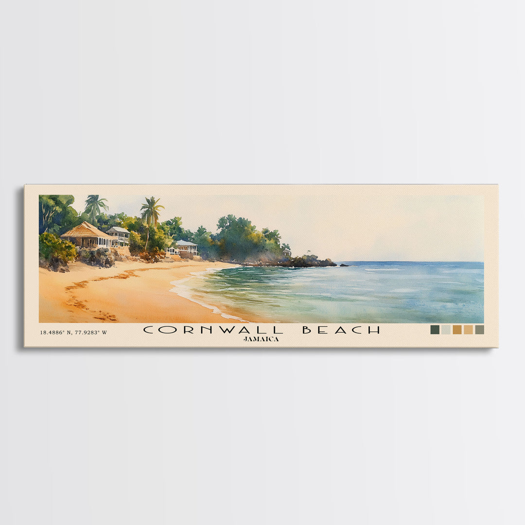 Cornwall Beach, Jamaica Watercolor Beach Print, Vacation Gift, Jamaica Wall Art, Framed Canvas Print, Framed Beach Painting
