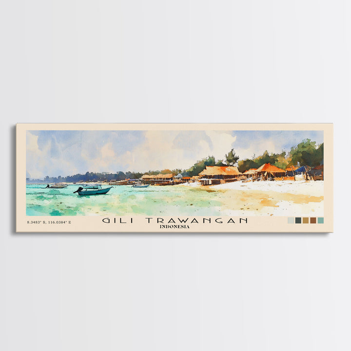 Gili Trawangan, Indonesia Watercolor Beach Print, Vacation Gift, Indonesia Wall Art, Framed Canvas Print, Framed Beach Painting