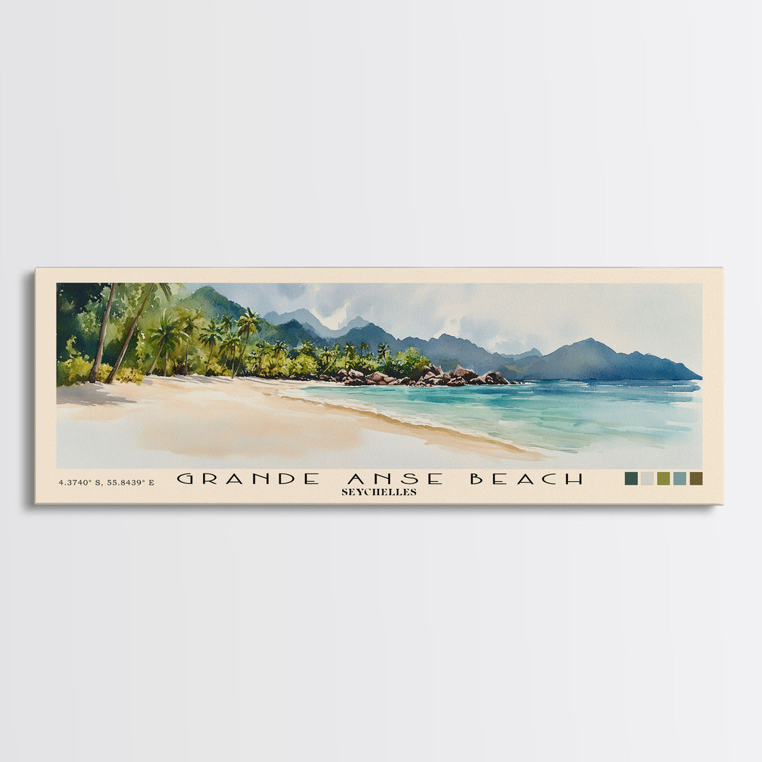 Grande Anse Beach, Seychelles Watercolor Print, Vacation Gift, Seychelles Wall Art, Beach Painting, Beach Decor, Large Wall Art, Wood Frame Art