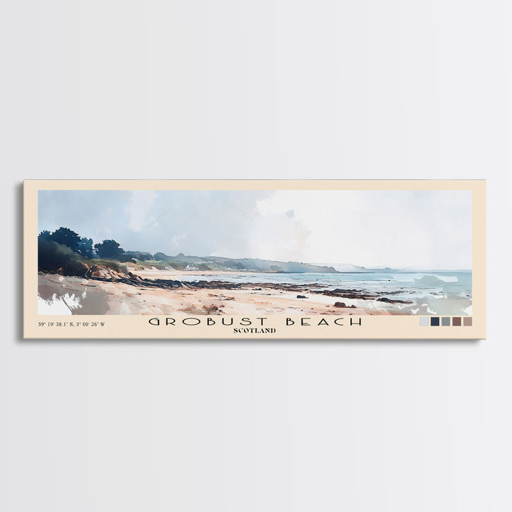 Grobust beach, Scotland Watercolor Print, Vacation Gift, Scotland Wall Art, Beach Painting, Beach Decor, Large Wall Art, Wood Frame Art