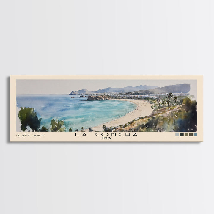 La Concha, Spain Watercolor Print, Vacation Gift, Spain Wall Art, Beach Painting, Beach Decor, Large Wall Art, Wood Frame Art