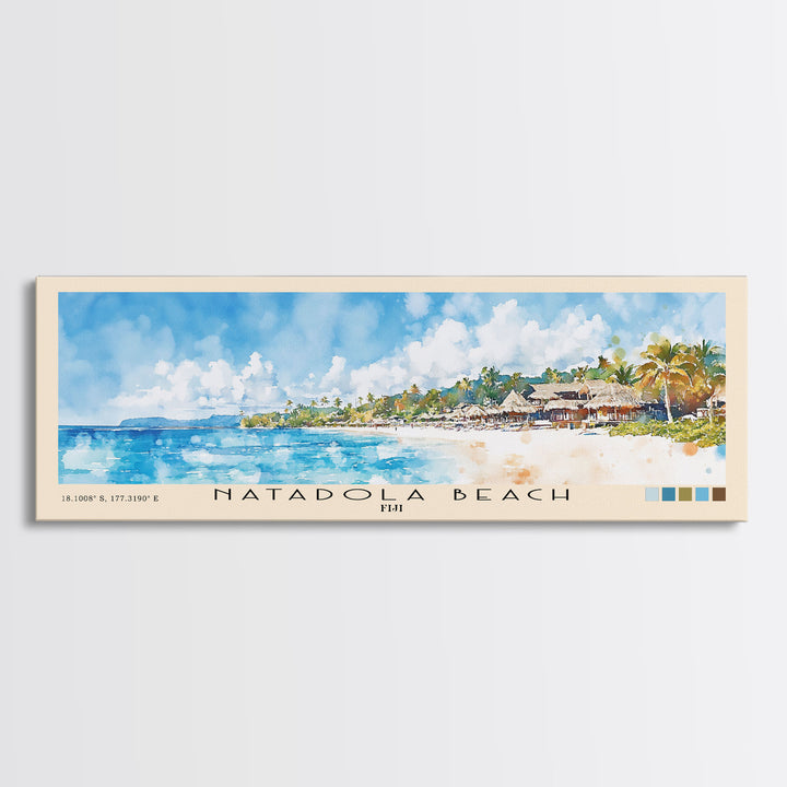 Natadola Beach, Fiji Watercolor Beach Print, Vacation Gift, Fiji Wall Art, Framed Canvas Print, Framed Beach Painting