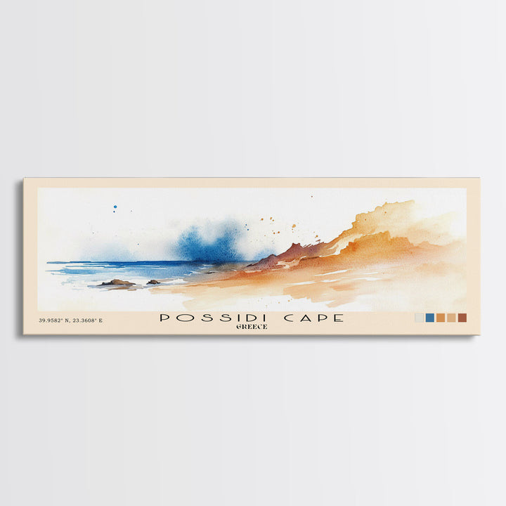 Possidi Cape, Greece Watercolor Beach Print, Vacation Gift, Greece Wall Art, Framed Canvas Print, Framed Beach Painting
