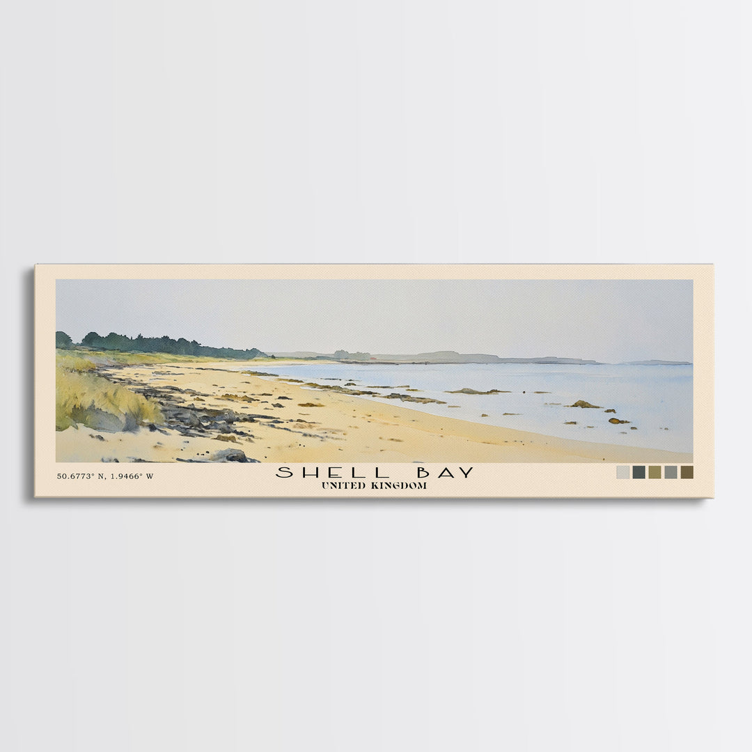 Shell Bay, United Kingdom Watercolor Beach Print, Vacation Gift, United Kingdom Wall Art, Framed Canvas Print, Framed Beach Painting
