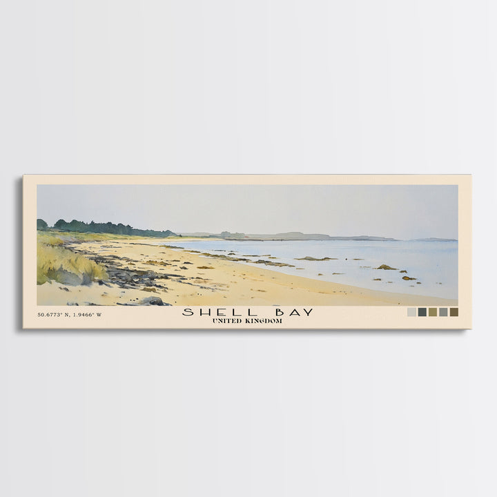 Shell Bay, United Kingdom Watercolor Beach Print, Vacation Gift, United Kingdom Wall Art, Framed Canvas Print, Framed Beach Painting