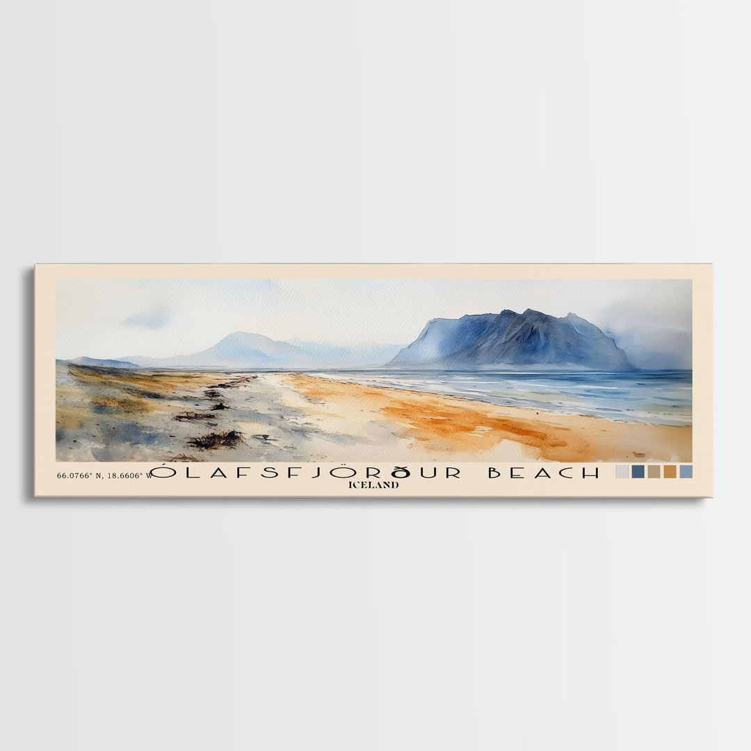 Ólafsfjörður Beach, Iceland Watercolor Print, Vacation Gift, Iceland Wall Art, Beach Painting, Beach Decor, Large Wall Art, Wood Frame Art