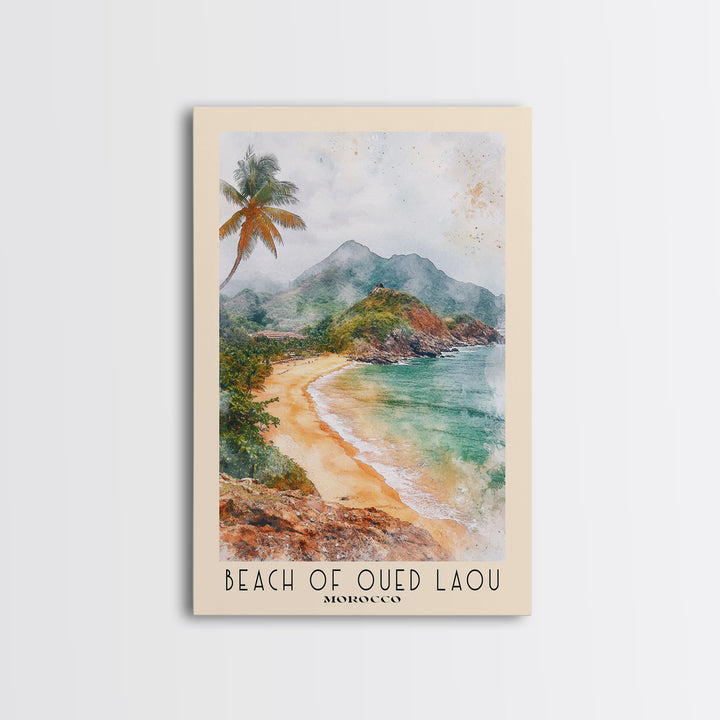 Beach of Oued Laou, Morocco Watercolor Print, Vacation Gift, Morocco Wall Art, Beach Painting, Beach Decor, Large Wall Art, Wood Frame Art