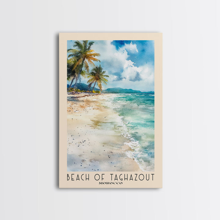 Beach of Taghazout, Morocco Watercolor Beach Print, Vacation Gift, Morocco Wall Art, Framed Canvas Print, Framed Beach Painting
