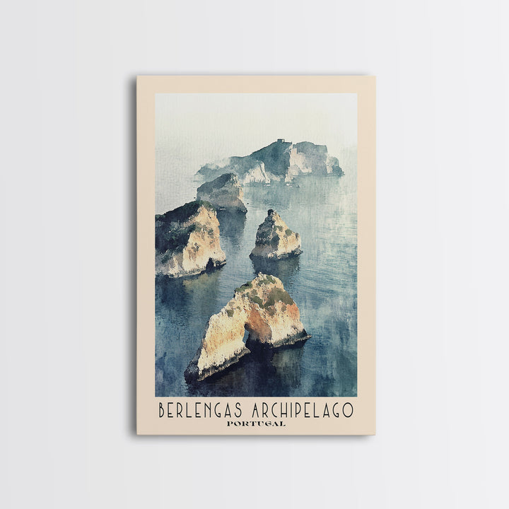 Berlengas Archipelago, Portugal Watercolor Print, Vacation Gift, Portugal Wall Art, Beach Painting, Beach Decor, Large Wall Art, Wood Frame Art