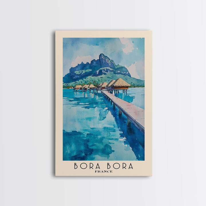 Bora Bora, France Watercolor Beach Print, Vacation Gift, France Wall Art, Framed Canvas Print, Framed Beach Painting