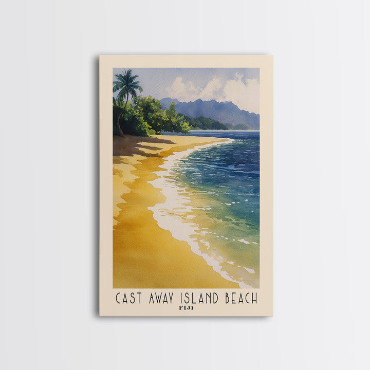 Cast Away Island Beach, Fiji Watercolor Print, Vacation Gift, Fiji Wall Art, Beach Painting, Beach Decor, Large Wall Art, Wood Frame Art