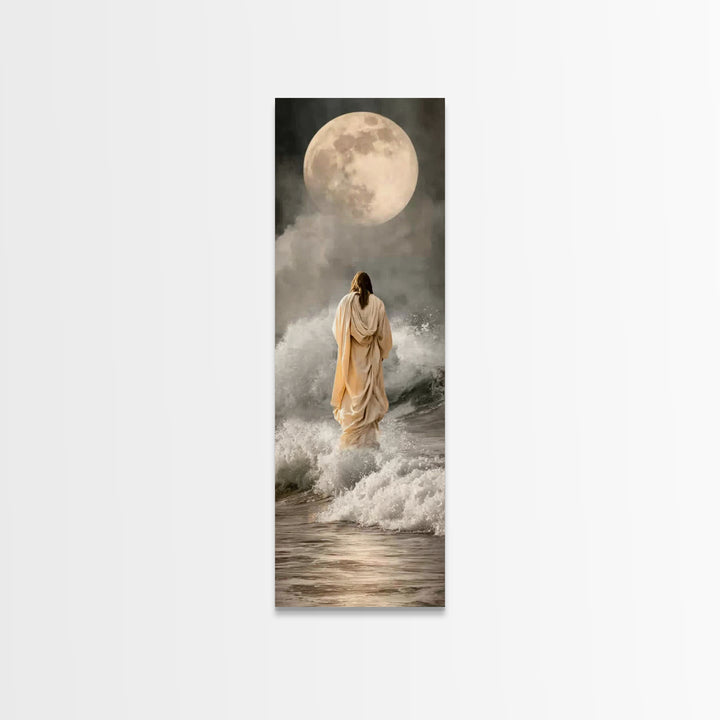 Moonlit Footsteps – Framed Canvas Print – Tall Skinny Art Print – Jesus Painting – Christian Art Canvas – Christian Wall Art