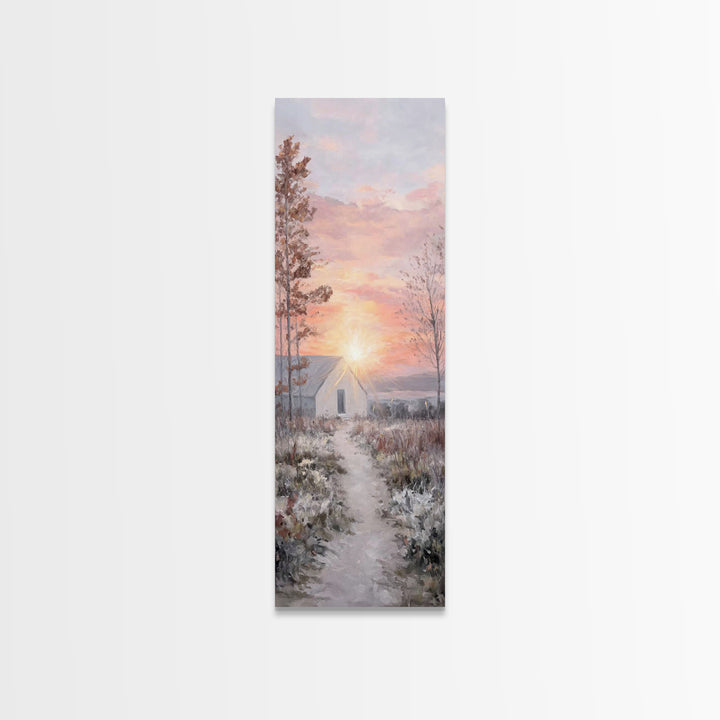 Dawn Chapel Path – Framed Canvas Print – Christian Wall Art – Christian Christmas Art – Christian Art Canvas – Skinny Art – Christmas Art