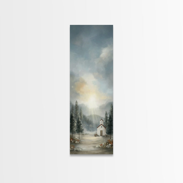 Mountain Chapel Radiance – Framed Canvas Print – Christian Art Canvas – Christian Christmas Art – Christmas Wall Art – Narrow Art – Framed