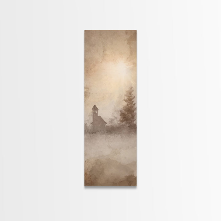 Misty Chapel Glow – Framed Canvas Print – Christian Art Canvas – Christian Wall Art – Christian Christmas Art – Narrow Art – Christian Art