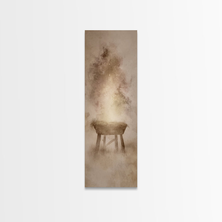 Manger Of Light, Framed Canvas Print, Christian Wall Art, Tall Narrow Wall Art, Christmas Art Prints, Christian Christmas Art, Unique Chris