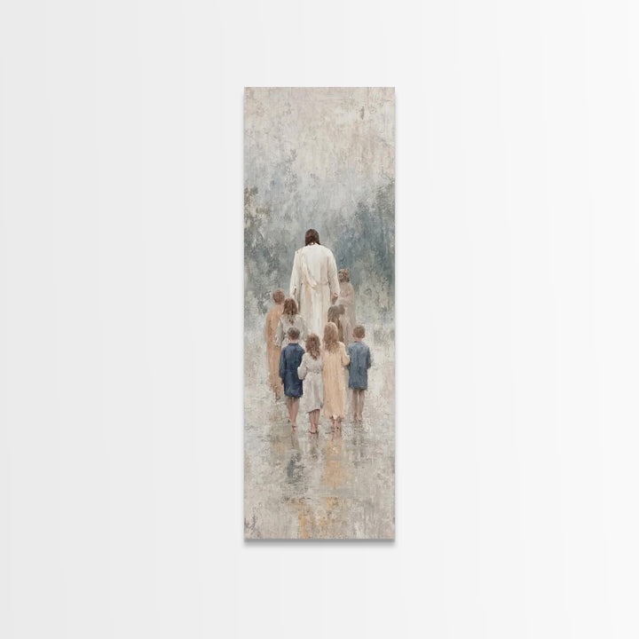 Walking With Jesus | Framed Canvas Print | Tall Narrow Wall Art | Christian Art Print | Jesus Painting | Christian Decor | Subtle Christian