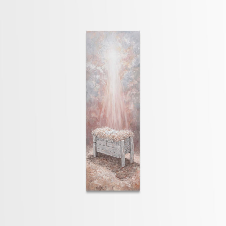 Humble Manger Glow - Framed Canvas Print - Christian Art Canvas - Christian Wall Art - Jesus Painting - Narrow Art - Christian Christmas Ar