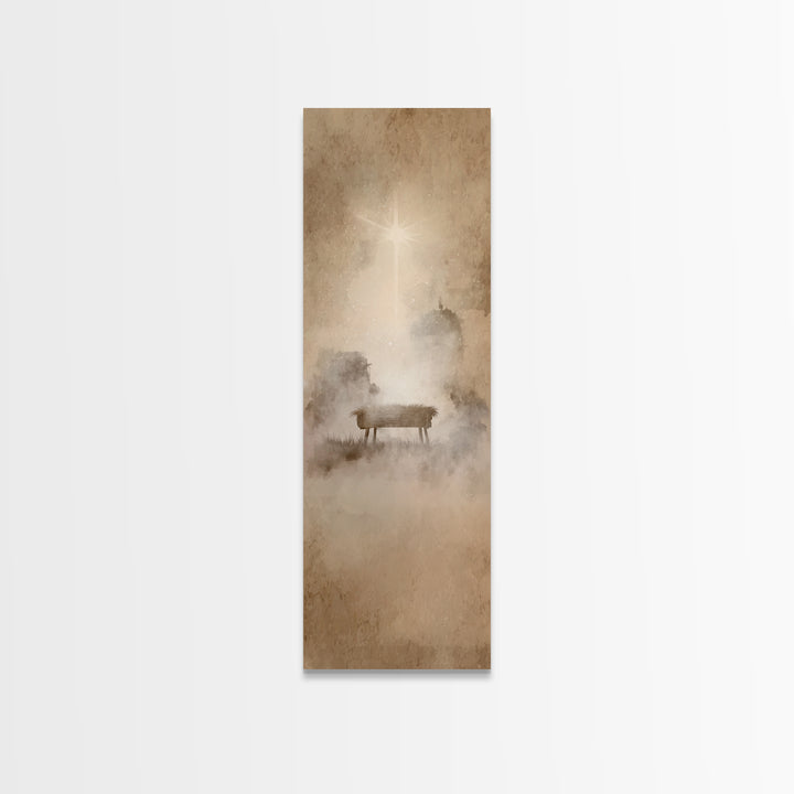 Manger Dawn Glow – Framed Canvas Print – Christian Christmas Art – Christian Wall Art – Narrow Art – Jesus Painting – Christian Art Canvas