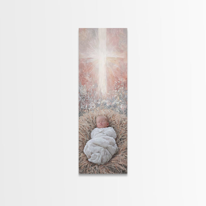 Sacred Manger Light | Framed Canvas Print | Christian Art Canvas | Christian Wall Art | Jesus Painting | Skinny Art