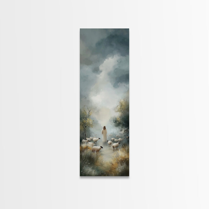 Cloudbound Shepherd – Framed Canvas Print – Christian Wall Art – Jesus Painting – Christian Art Canvas – Tall Skinny Art Print – Christian