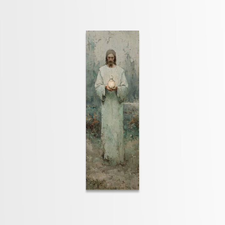 Hushed Lantern Grace – Framed Canvas Print – Narrow Art – Christian Wall Art – Christian Art Canvas – Jesus Painting – Skinny Art – Large C