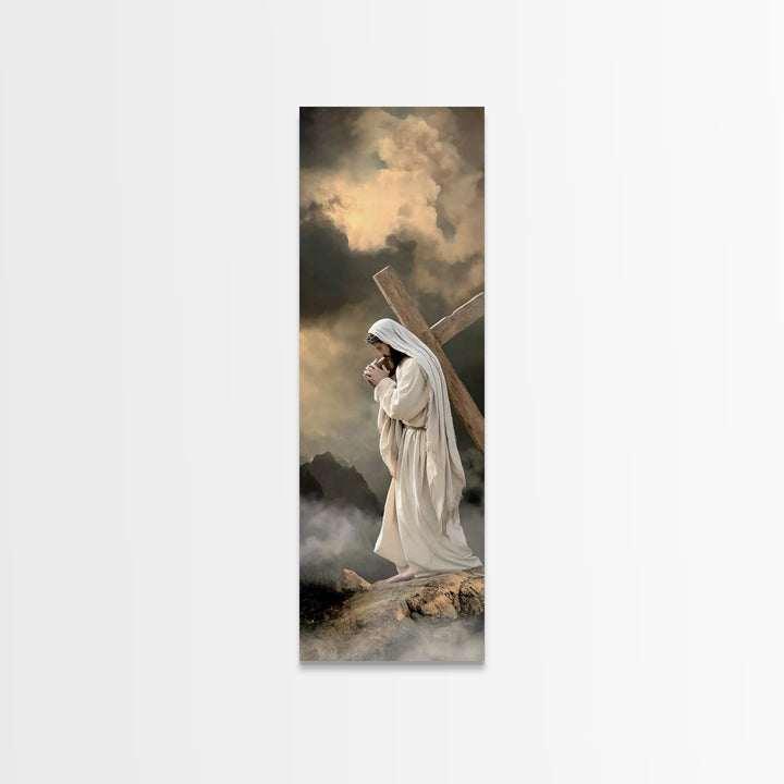 Burden Of Mercy, Framed Canvas Print, Christian Art Canvas, Jesus Painting, Tall Narrow Wall Art, Christian Wall Art, Christian Decoration