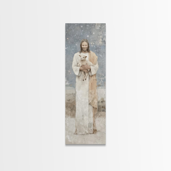 Gentle Shepherd Light – Framed Canvas Print – Christian Wall Art – Jesus Painting – Tall Narrow Wall Art – Christian Art Canvas