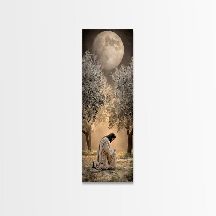 Moonlit Garden Prayer – Framed Canvas Print – Christian Wall Art – Jesus Painting – Tall Narrow Wall Art – Christian Art Canvas