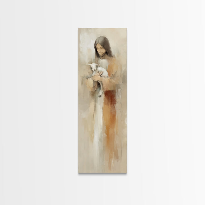 Gentle Shepherd Care – Framed Canvas Print – Jesus Painting – Christian Art – Tall Skinny Art Print – Christian Wall Art – Christmas Art