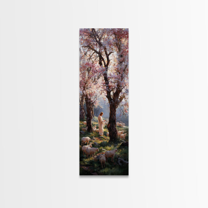 Spring Shepherd Grace – Framed Canvas Print – Tall Narrow Wall Art – Christian Art Canvas – Christian Wall Art – Jesus Painting – Christian