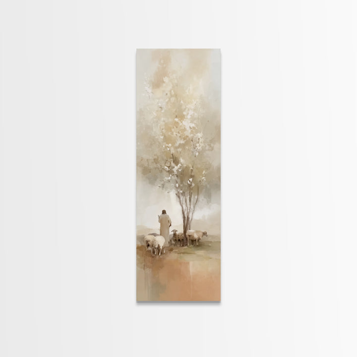 Quiet Pasture Blessing – Framed Canvas Print – Christian Art – Jesus Painting – Christian Wall Art – Narrow Art – Christian Christmas Art