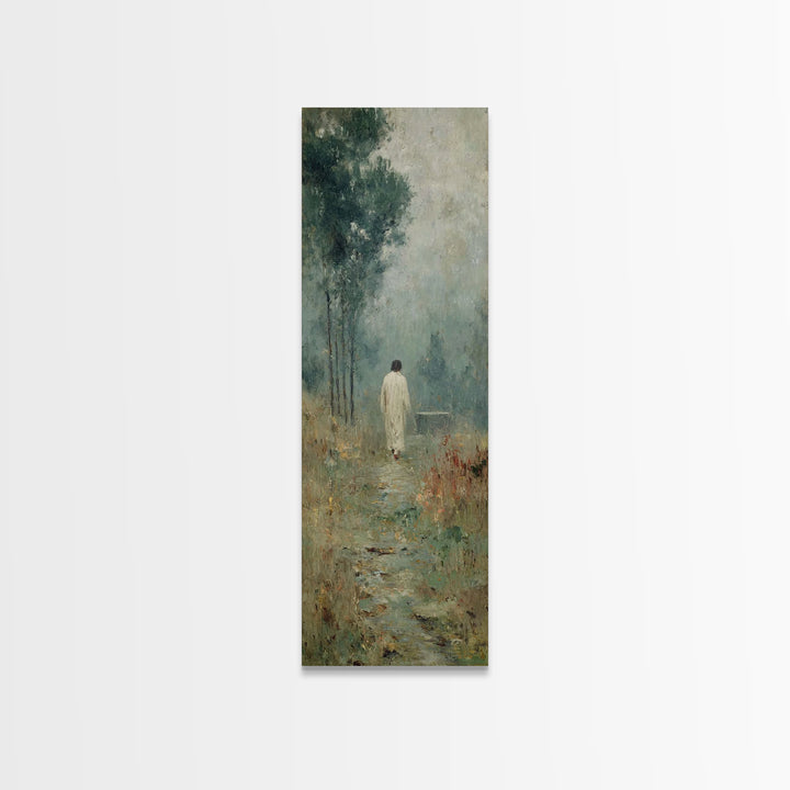 Quiet Meadow Walk, Framed Canvas Print, Christian Wall Art, Jesus Painting, Tall Skinny Art Print, Christian Art Canvas