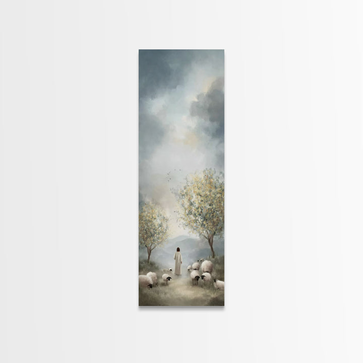 Peaceful Pasture Light – Framed Canvas Print – Tall Skinny Art Print – Christian Art Canvas – Christian Wall Art – Jesus Painting – Christi