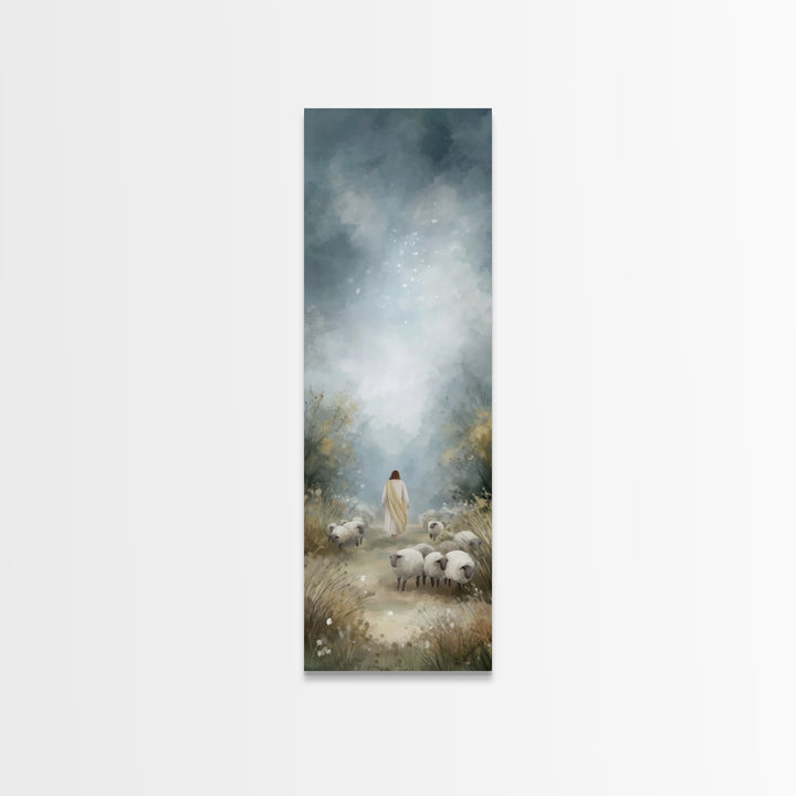 Heavenly Pasture Light, Framed Canvas Print, Tall Skinny Art Print, Christian Art Canvas, Christian Wall Art, Jesus Painting, Christmas Art