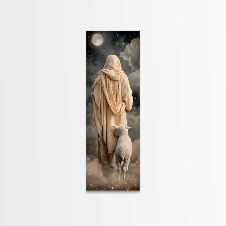 Moonlit Shepherd Walk | Framed Canvas Print | Narrow Art | Christian Wall Art | Jesus Painting | Christian Art Canvas | Christian Art