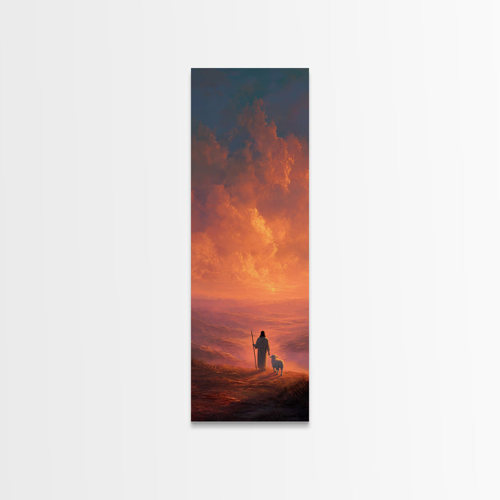 Crimson Sky Shepherd - Framed Canvas Print - Tall Narrow Wall Art - Christian Art - Christian Canvas Art - Jesus Painting - Christian Gift