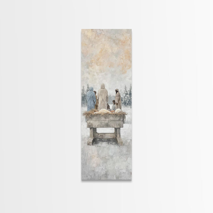 Winter Manger Gathering – Framed Canvas Print – Tall Skinny Art Print – Christian Wall Art – Jesus Painting – Christmas Art – Christian Dec