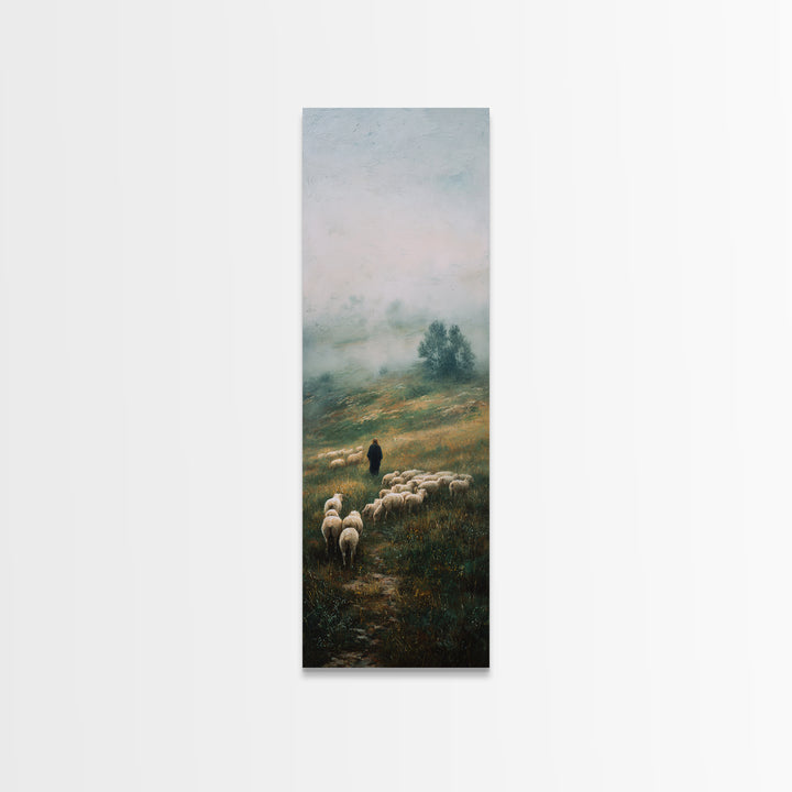 Morning Shepherd Path – Framed Canvas Print – Tall Narrow Wall Art – Christian Art – Jesus Painting – Christian Wall Art – Christian Decor