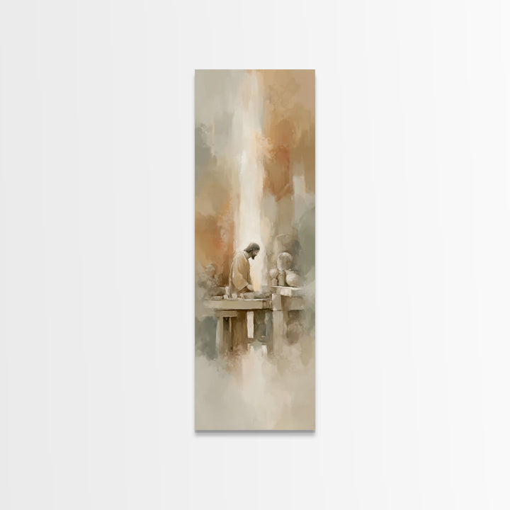 Carpenter’s Devotion, Framed Canvas Print, Tall Narrow Wall Art, Christian Wall Art, Christian Art Canvas, Jesus Painting, Christian Gift