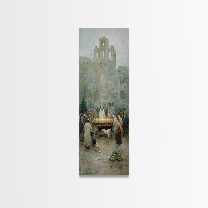 Nativity Town Gathering – Framed Canvas Print – Narrow Art – Christian Art Canvas – Christmas Art – Christian Wall Art – Christian Painting