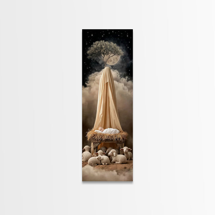 Midnight Manger Wonder – Framed Canvas Print – Skinny Art – Christmas Art – Christian Wall Art – Christian Art Canvas – Jesus Art Print – C