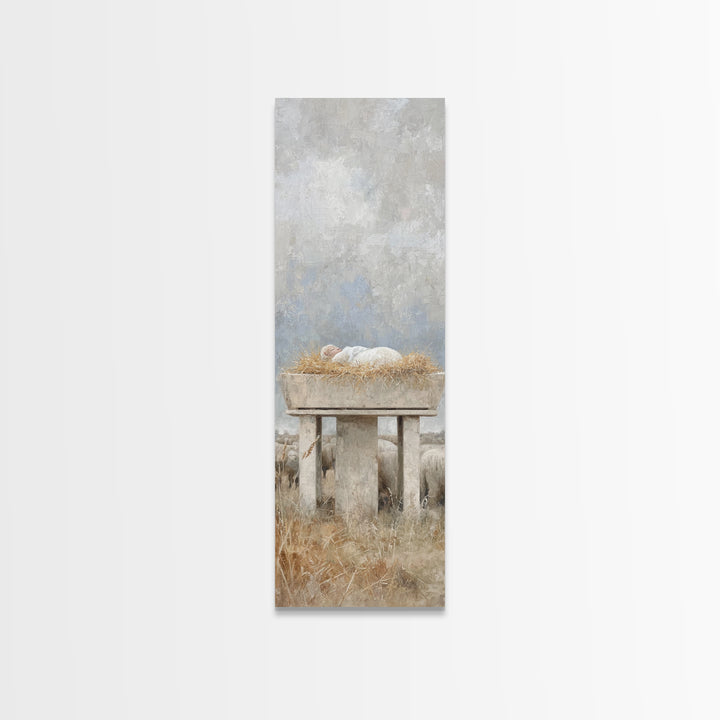 Peaceful Manger Rest – Framed Canvas Print – Narrow Art – Christian Art Canvas – Christian Wall Art – Christmas Art – Christian Painting –