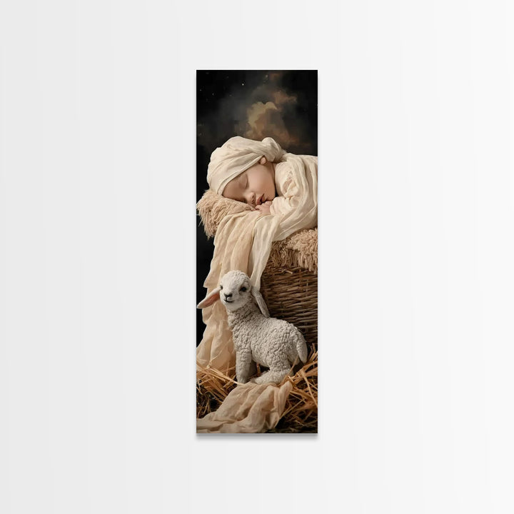 Tender Manger Peace – Framed Canvas Print – Christian Art Print – Christian Christmas Art – Jesus Painting – Narrow Art