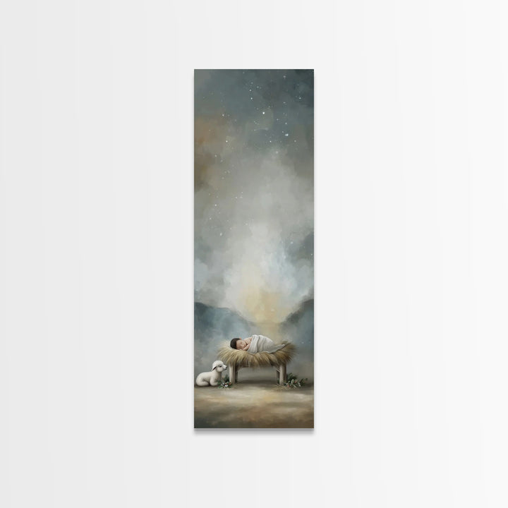 Divine Stable Glow – Framed Canvas Print – Christian Art – Jesus Painting – Christian Christmas Art – Tall Skinny Art Print