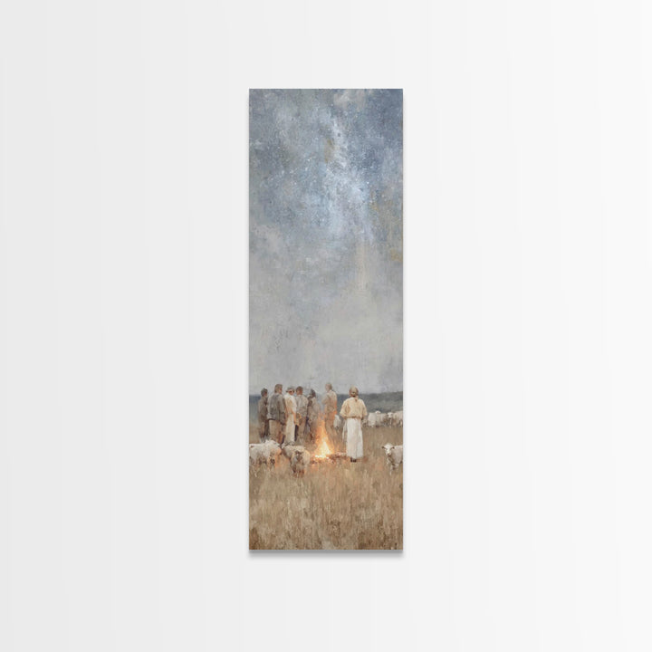 Shepherds By Firelight,Framed Canvas Print,Christian Wall Art,Tall Narrow Wall Art,Christian Paintings,Christmas Wall Art,Jesus Art Canvas
